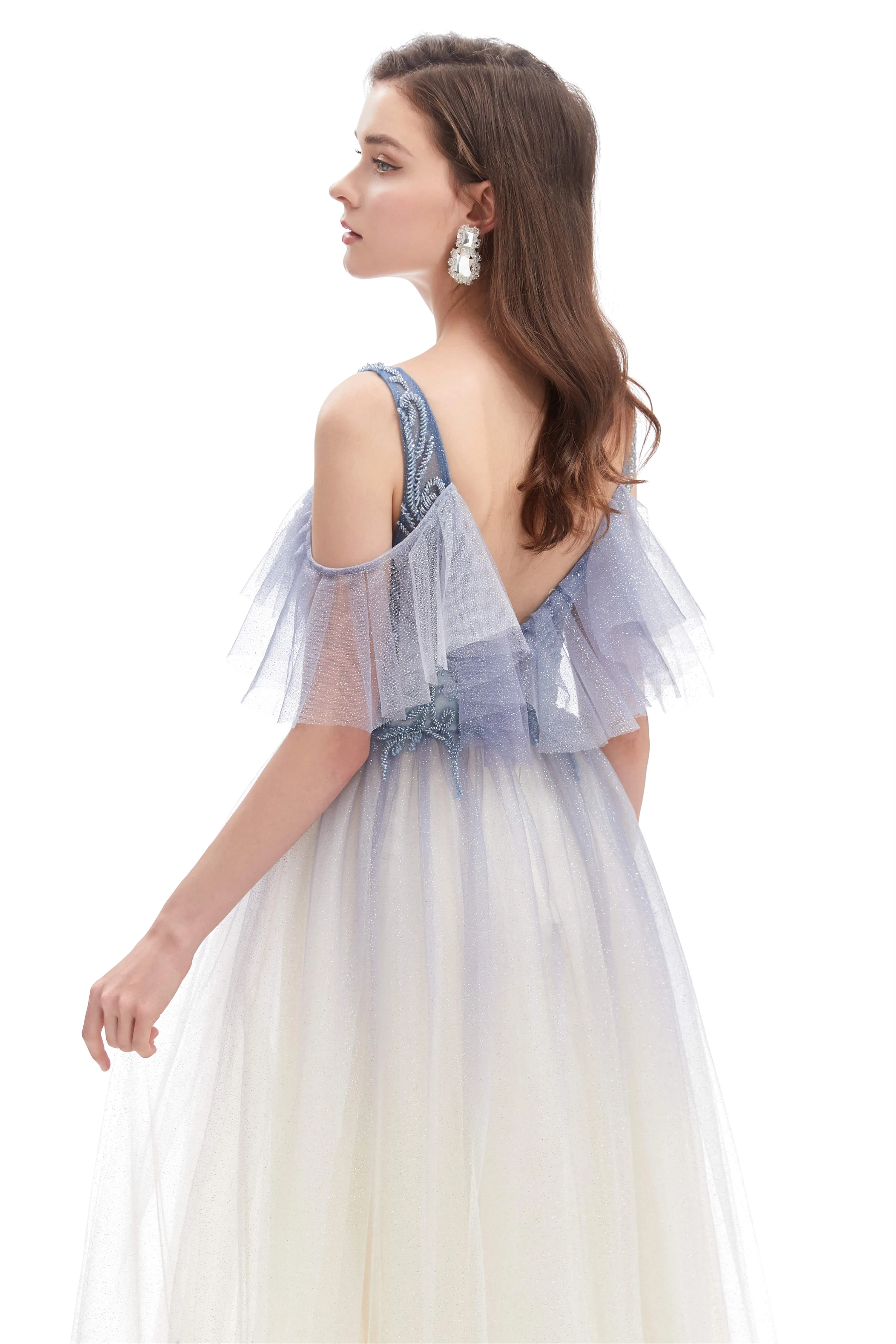 Tulle V-neck Beading Long Prom Dresses
