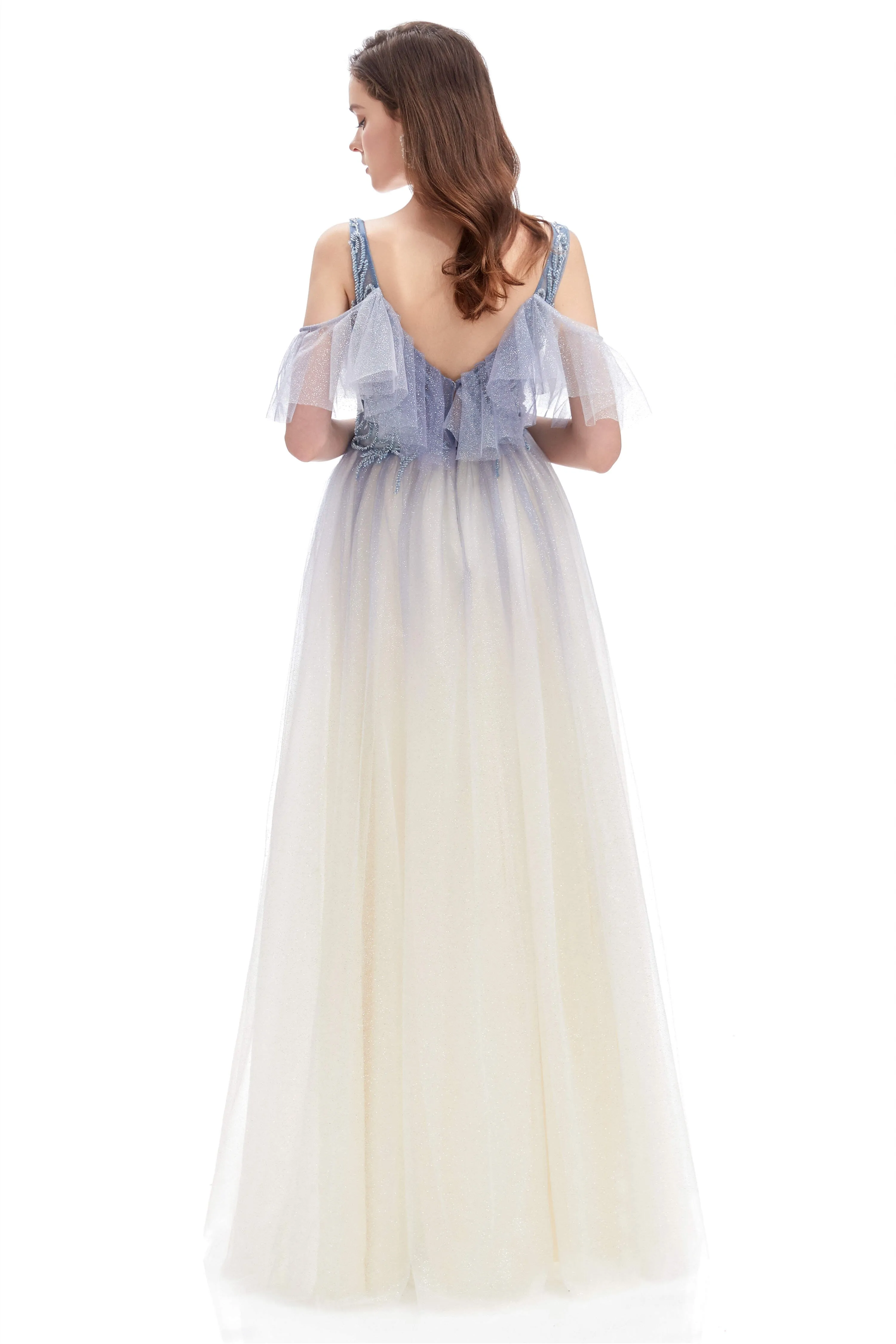 Tulle V-neck Beading Long Prom Dresses