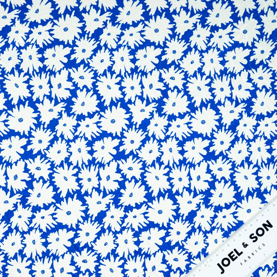 White Floral Printed Royal Blue Pure Silk Jacquard