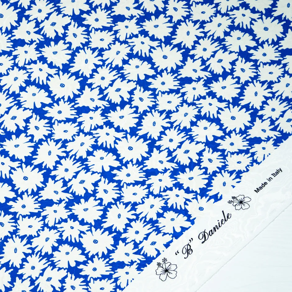 White Floral Printed Royal Blue Pure Silk Jacquard