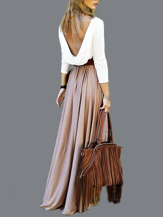 Wholesale Round Neck Long Sleeve Backless Pleated Maxi Dresses