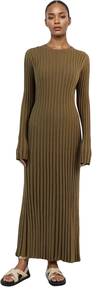 Women Long Sleeve Knit Maxi Dress Crewneck Solid Ribbed Casual Bodycon Pleated Elegant Long Sweater Dress
