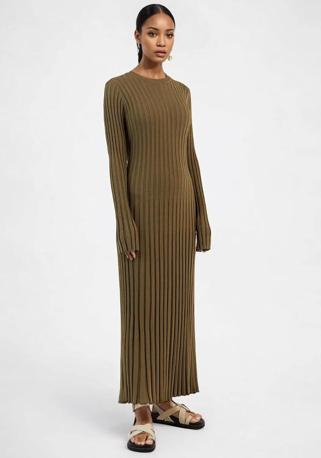 Women Long Sleeve Knit Maxi Dress Crewneck Solid Ribbed Casual Bodycon Pleated Elegant Long Sweater Dress