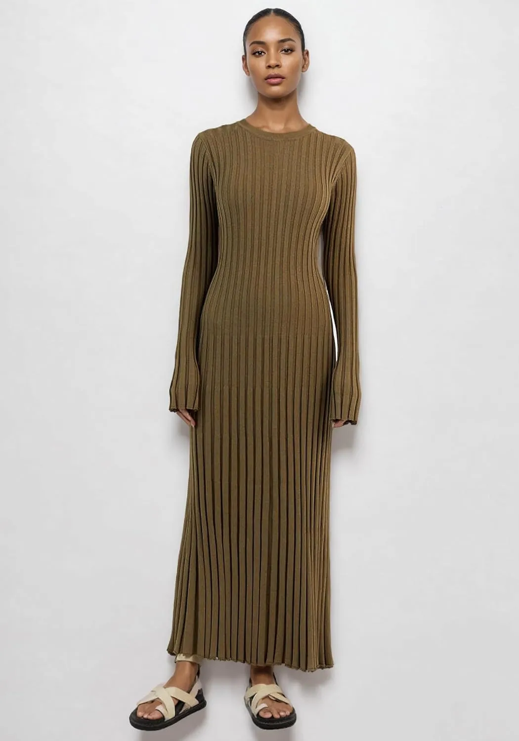 Women Long Sleeve Knit Maxi Dress Crewneck Solid Ribbed Casual Bodycon Pleated Elegant Long Sweater Dress