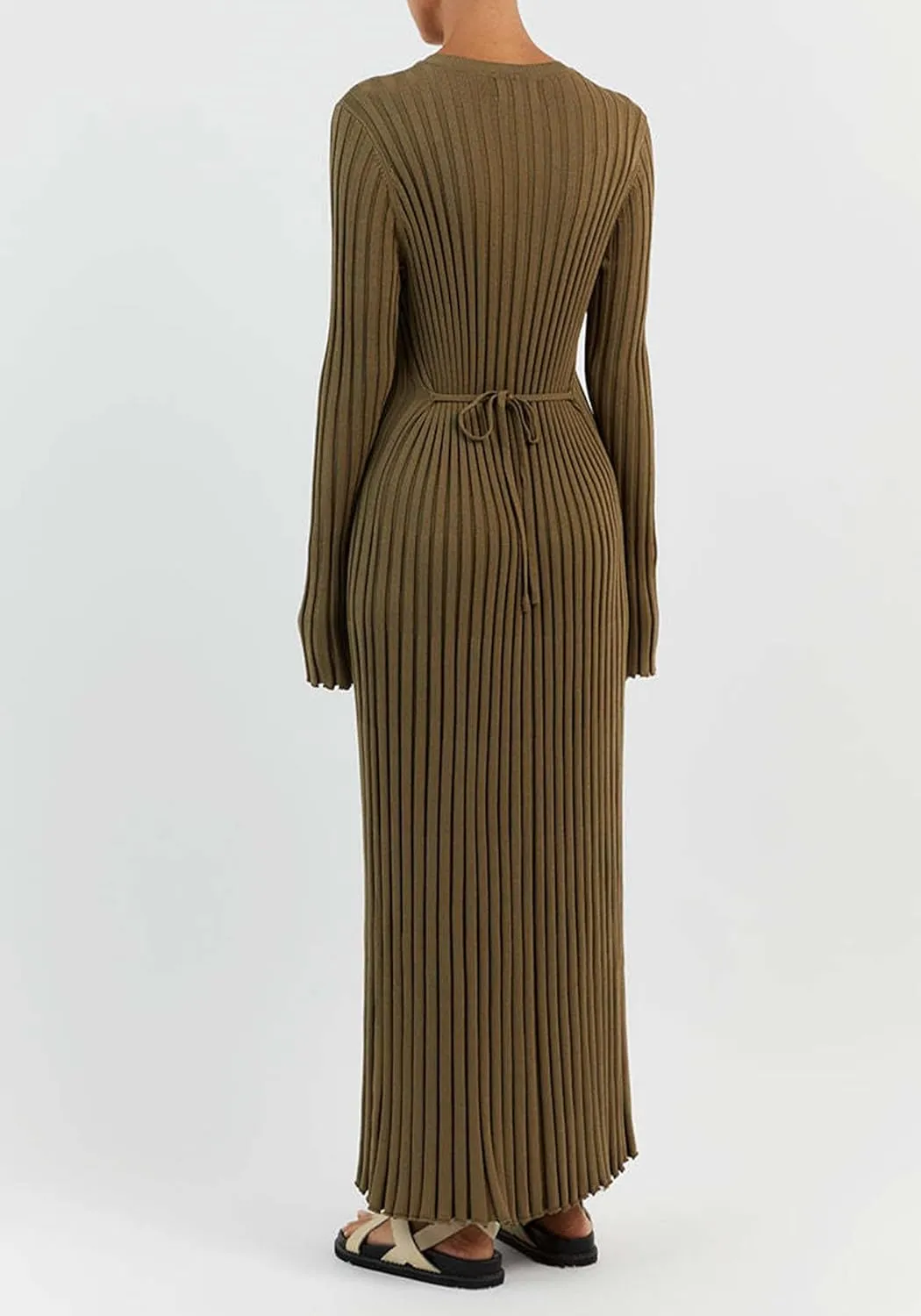 Women Long Sleeve Knit Maxi Dress Crewneck Solid Ribbed Casual Bodycon Pleated Elegant Long Sweater Dress