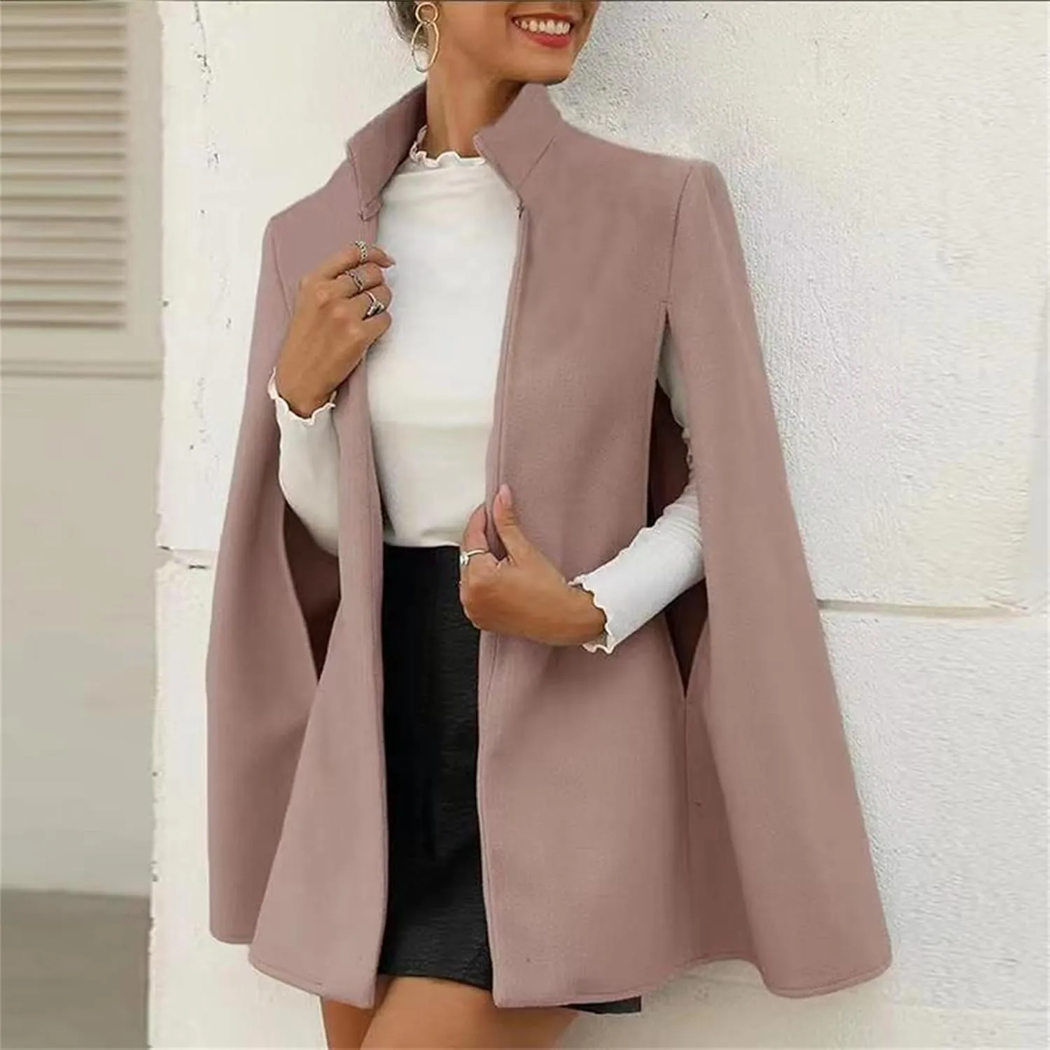Women's Cloak Hood Wool-Blend Cape Coat Winter Cardigans Oversized Thick Coat Solid Blazer Jackets