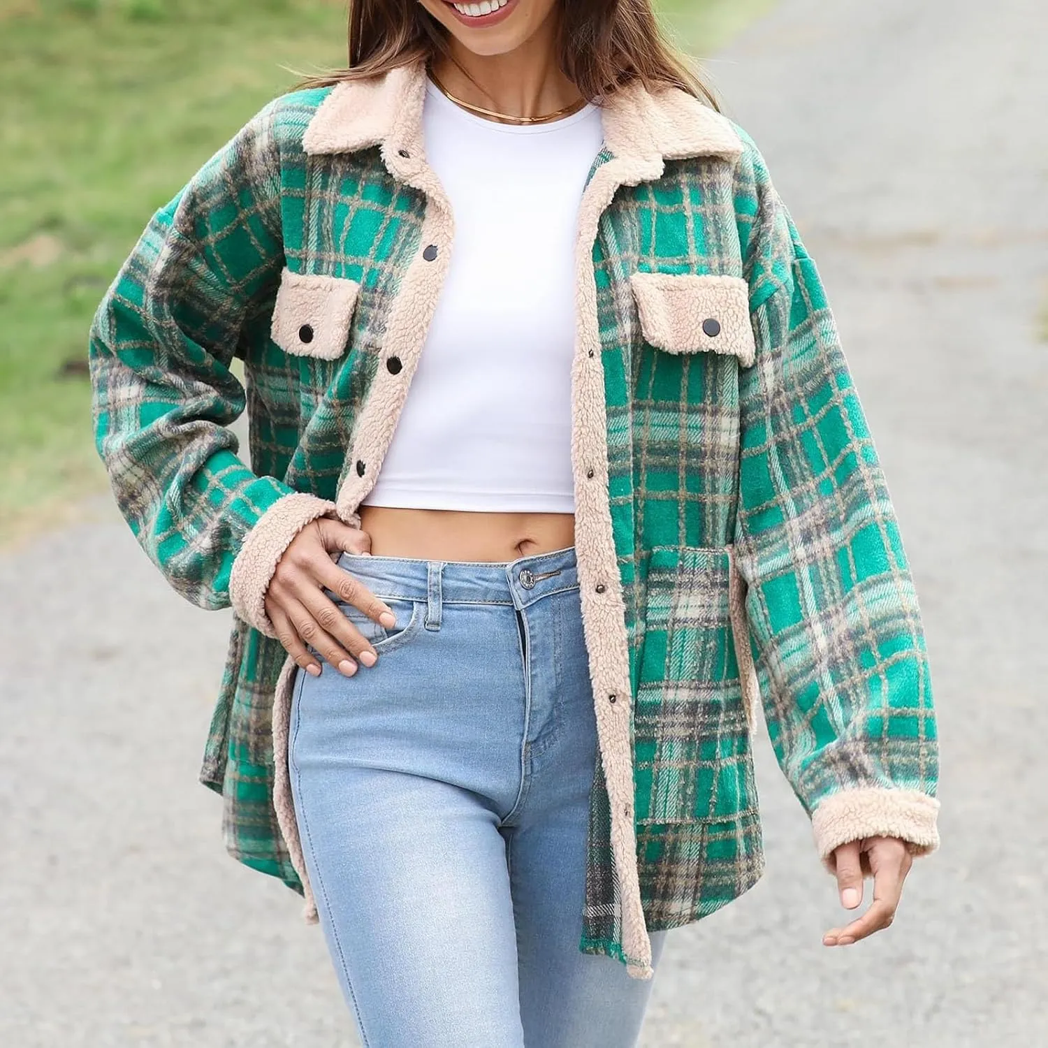 Womens Fuzzy Fleece Lined Jacket Flannel Plaid Shirts Long Sleeve Button Down Sherpa Coats Fall Outfits 2024