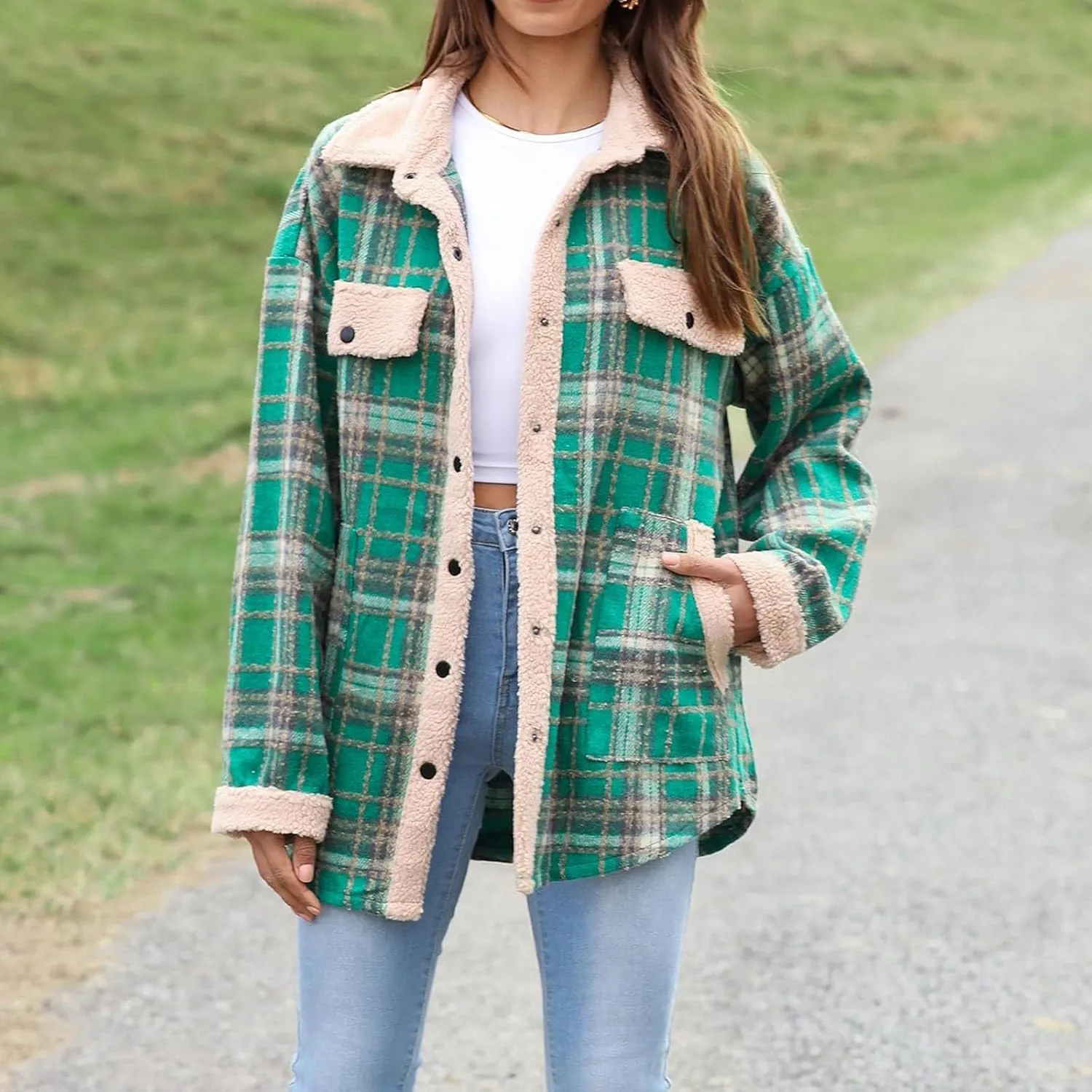 Womens Fuzzy Fleece Lined Jacket Flannel Plaid Shirts Long Sleeve Button Down Sherpa Coats Fall Outfits 2024