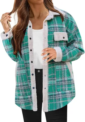 Womens Fuzzy Fleece Lined Jacket Flannel Plaid Shirts Long Sleeve Button Down Sherpa Coats Fall Outfits 2024
