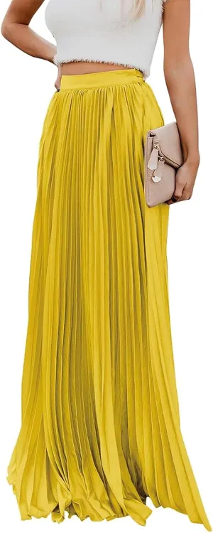 Women's High Elastic Waist Pleated Flowy Swing A-line Maxi Skirts
