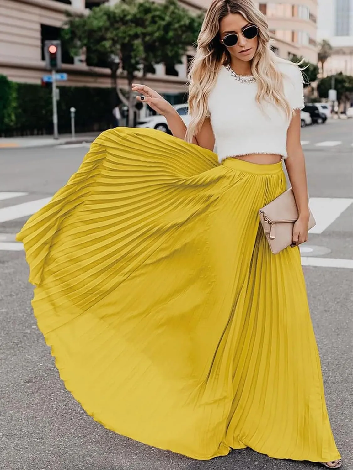 Women's High Elastic Waist Pleated Flowy Swing A-line Maxi Skirts