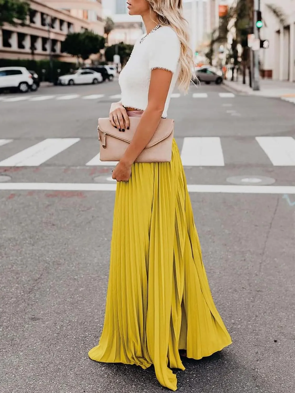 Women's High Elastic Waist Pleated Flowy Swing A-line Maxi Skirts
