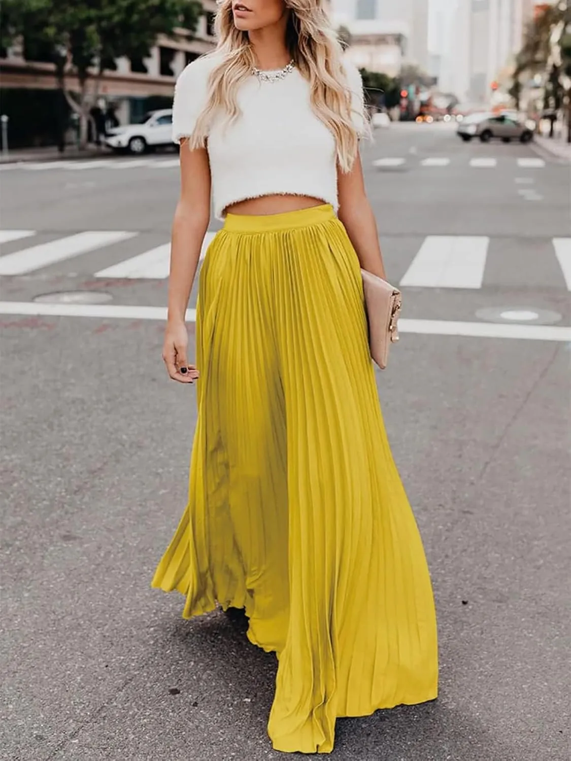Women's High Elastic Waist Pleated Flowy Swing A-line Maxi Skirts