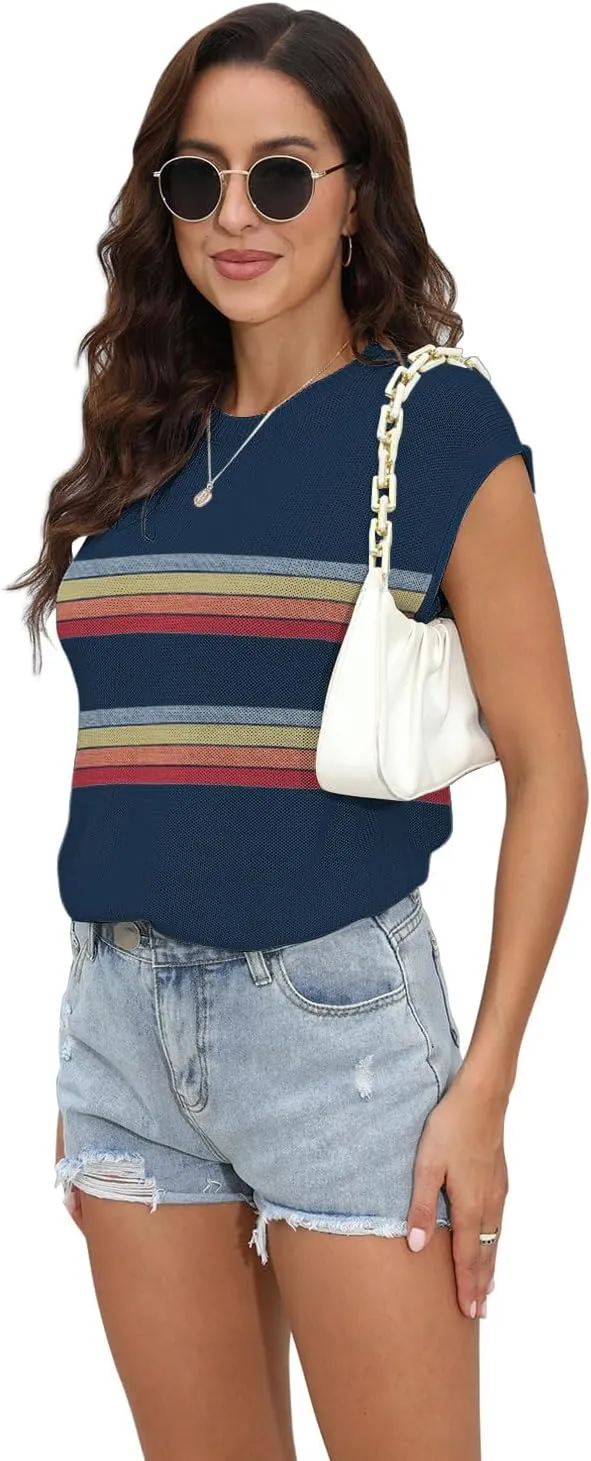 Womens Summer Sweater Vest Cap Sleeve Crew Neck Casual Loose Fit Knit Lightweight Pullover Tank Top for Spring Summer