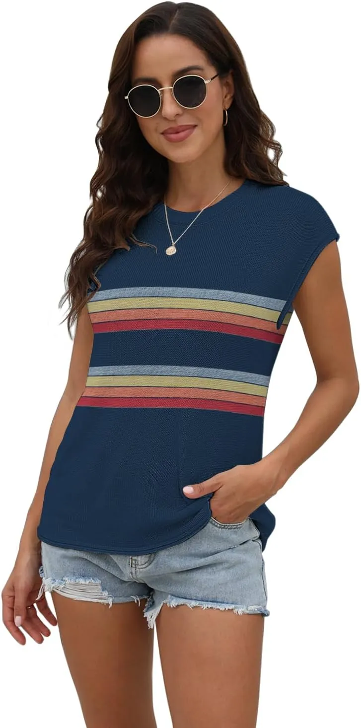 Womens Summer Sweater Vest Cap Sleeve Crew Neck Casual Loose Fit Knit Lightweight Pullover Tank Top for Spring Summer