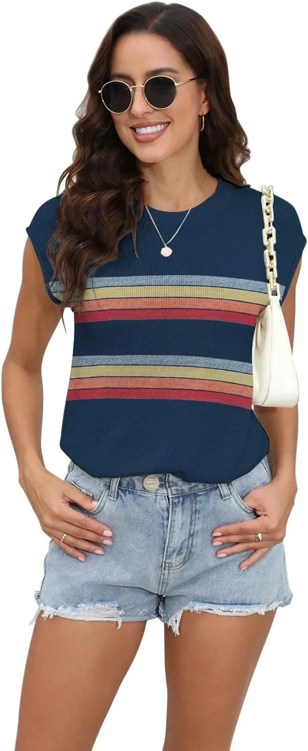 Womens Summer Sweater Vest Cap Sleeve Crew Neck Casual Loose Fit Knit Lightweight Pullover Tank Top for Spring Summer