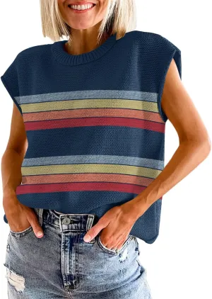 Womens Summer Sweater Vest Cap Sleeve Crew Neck Casual Loose Fit Knit Lightweight Pullover Tank Top for Spring Summer
