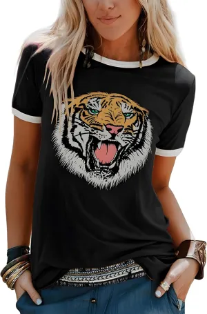 Womens Tiger Printed T-Shirt Funny Cute Animal Graphic Tees Summer Short Sleeve Loose Tee Tops