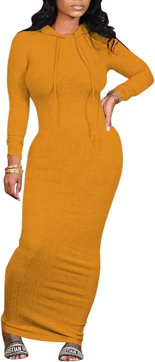 WUSENST Women's Maxi Dress Sexy Bodycon Long Sleeve Pullover Hoodie Casual Slim Sweatshirt