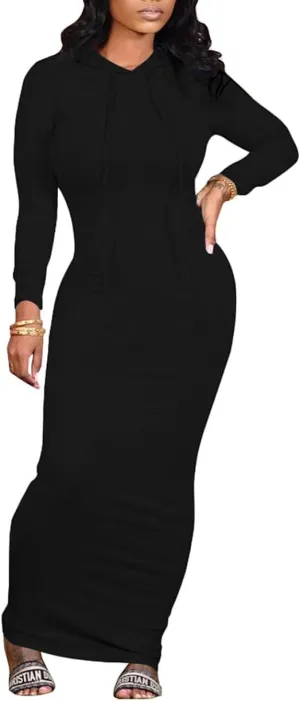 WUSENST Women's Maxi Dress Sexy Bodycon Long Sleeve Pullover Hoodie Casual Slim Sweatshirt