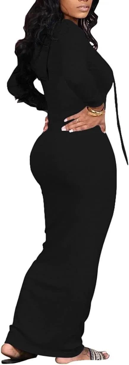 WUSENST Women's Maxi Dress Sexy Bodycon Long Sleeve Pullover Hoodie Casual Slim Sweatshirt