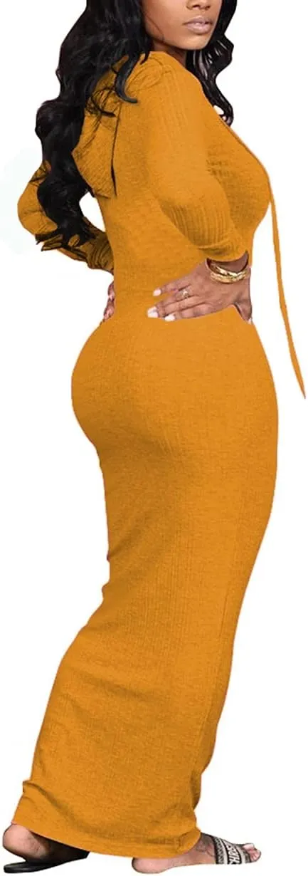 WUSENST Women's Maxi Dress Sexy Bodycon Long Sleeve Pullover Hoodie Casual Slim Sweatshirt